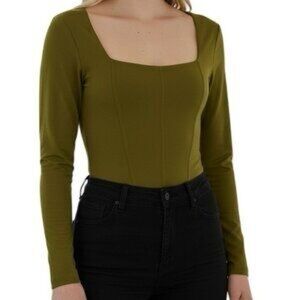 House Of Harlow 1960 -Square Neck Long Sleeve Olive Lightweight Bodysuit Size XS